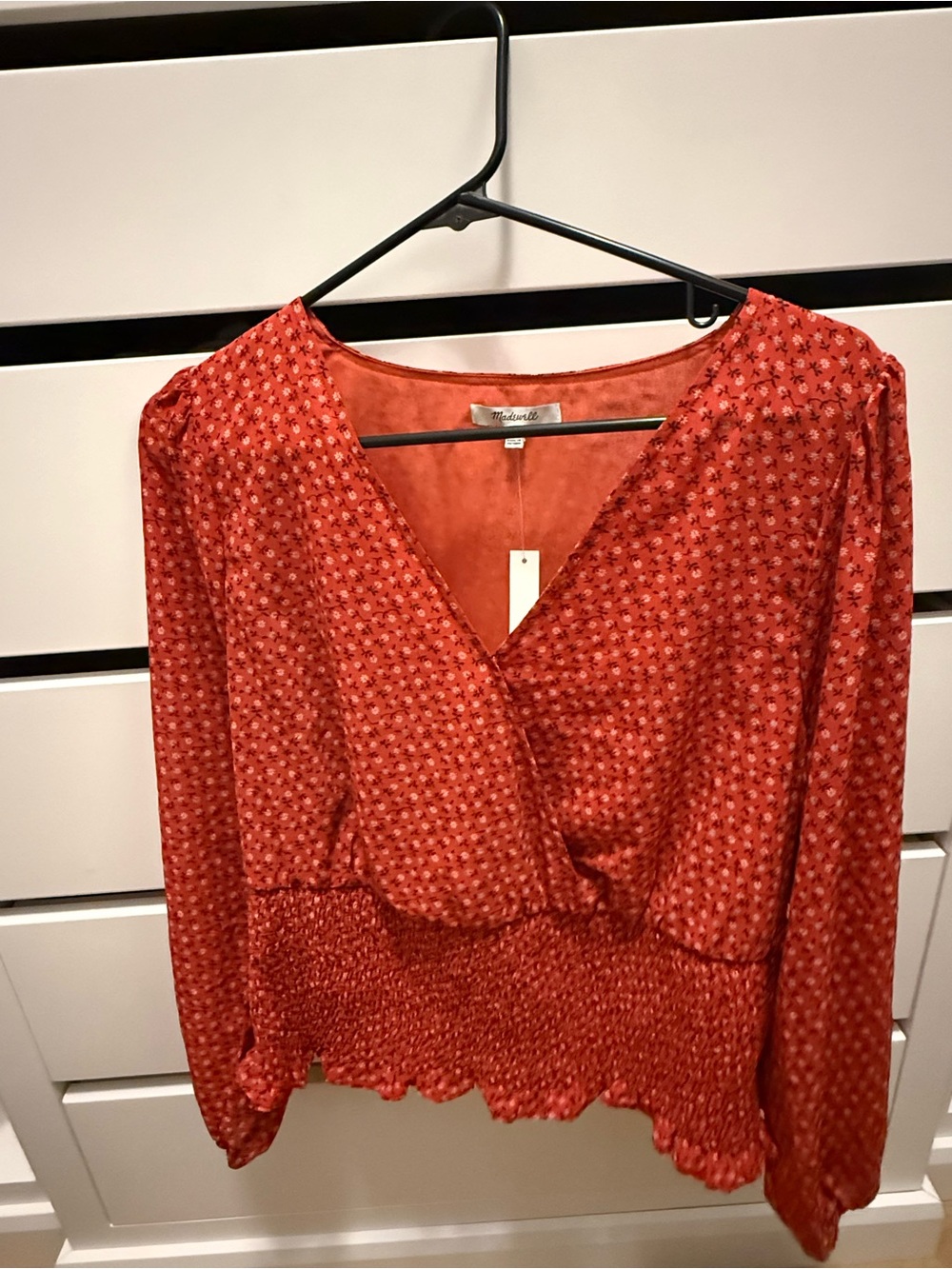 NWT Madewell Rust Red Floral V-Neck Smocked-Hem Blouse
